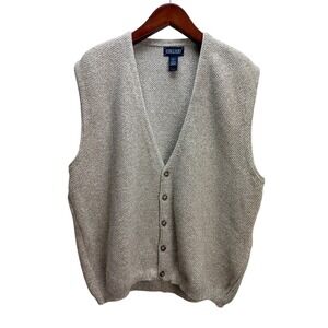 Lands' End Oatmeal Button Up Vneck‎ Cotton Knit Sweater Vest XL (46-48)